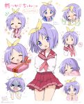  &gt;_&lt; 1girl :3 ? blush bow box cellphone chibi chocolate clenched_hands closed_eyes clown_222 commentary_request expressions green_shirt hair_bow hands_on_own_chest head_tilt heart-shaped_box hiiragi_tsukasa lucky_star open_mouth phone pink_shirt purple_eyes purple_hair red_skirt ribbon school_uniform serafuku shirt short_hair skirt smartphone smile solo striped striped_shirt sweatdrop tears translation_request valentine white_shirt 
