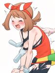  1girl arched_back bike_shorts blush bow_hairband breasts brown_hair closed_eyes collarbone commentary_request disembodied_hand fanny_pack hairband hand_on_another&#039;s_back holding_another&#039;s_wrist lower_teeth_only mari_(crjcfwmu0f89381) may_(pokemon) molestation open_mouth pokemon pokemon_oras raised_eyebrows red_hairband red_shirt shirt simple_background sweat tearing_clothes tearing_up teeth tongue torn_bike_shorts torn_clothes trembling white_background yellow_bag 