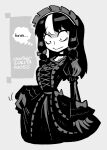  1girl bags_under_eyes black_dress black_hair bonnet bow breasts closed_mouth commentary_request dress english_text frilled_dress frilled_sleeves frills glasgow_smile gloves goth_fashion gothic_lolita hairband highres jaggy_lines large_breasts lolita_fashion lolita_hairband long_dress long_fingers long_hair long_sleeves looking_at_viewer multicolored_hair noss_&amp;_zakuro noss_(rariatto) rariatto_(ganguri) simple_background smile solo streaked_hair vampire wavy_mouth white_hair 
