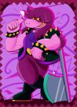 2025 5_fingers absurd_res anthro armband arms_bent axe bangs belt belt_buckle black_belt black_boots black_bracelet black_clothing black_eyes black_footwear black_topwear black_vest boots border bottomwear bracelet breath buckle claws clothed clothed_anthro clothed_female clothing colored crossed_legs deltarune digital_drawing_(artwork) digital_media_(artwork) english_description eye_through_hair female female_anthro fingers footwear full-length_portrait fully_clothed fully_clothed_anthro fully_clothed_female fuposey gesture hair hair_over_eye hand_gesture heart_buckle hi_res jewelry leaning_on_axe leaning_on_object light lighting long_hair monster orange_claws orange_pupils orange_sclera orange_teeth pants pink_body pink_skin portrait pupils purple_background purple_bottomwear purple_clothing purple_hair purple_pants purple_shirt purple_topwear red_border reptile scalie shaded sharp_teeth shirt shoes simple_background slit_pupils solo sparkles spiked_armband spiked_bracelet spikes standing susie_(deltarune) teeth thumbs_up topwear translucent translucent_hair undertale_(series) vest