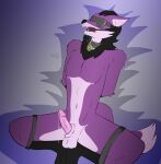 anthro bdsm blindfold bodily_fluids bondage bound canid canine collar drooling free_use fur gag genital_fluids male mammal maned_wolf no_mercy precum purple_body purple_fur ring_gag saliva solo spread_legs spreading tj-45 tojo