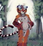  accessory anthro breasts dreamworks felid female flower flower_in_hair forest fur hair hair_accessory hi_res jewelry kung_fu_panda mammal master_tigress necklace pantherine plant pregnant red_body red_fur sabrotiger small_breasts solo stripes tattoo tiger tree white_body white_fur 