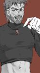  absurdres alternate_piercings beard covered_nipples crop_top eyebrow_piercing face_piercing facial_hair fang gloves highres jojo_no_kimyou_na_bouken joseph_joestar joseph_joestar_(old) male_focus monochrome muscular muscular_male navel_piercing nose nostrils old old_man piercing rosarobot smile stardust_crusaders teeth thick_eyebrows tongue tongue_out tongue_piercing turtleneck 