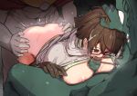  1girl 2boys aussa_(yu-gi-oh!) aussa_the_earth_channeler bent_over brown_eyes brown_gloves brown_hair capelet censored character_request colored_skin cum cum_on_hair duel_monster fellatio glasses gloves grabbing_another&#039;s_hair green_skin green_sweater group_sex interspecies mmf_threesome moqi mosaic_censoring multiple_boys oral paizuri penis rape rectangular_eyewear ribbed_sweater sex sex_from_behind short_hair sweater threesome turtleneck turtleneck_sweater white_capelet yu-gi-oh! 