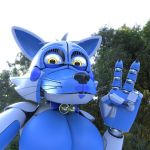  2020 3d_(artwork) animatronic anthro bell biped blue_body bluffy bow_tie breasts canid canine digital_media_(artwork) fan_character featureless_breasts female five_nights_at_freddy&#039;s fox funtime_foxy_(fnaf) gesture hi_res kristall_krit looking_at_viewer machine mammal multicolored_body outside pseudo_hair robot solo tree two_tone_body v_sign video_games white_body yellow_eyes 