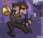 anthro canid canine canis city clothed clothing coin domestic_dog ear_piercing facial_piercing female gameplay_mechanics gun hi_res lip_piercing mammal nicole_(rakurawr) nose_piercing piercing procyonid raccoon raccoon_dog rakurawr ranged_weapon running solo submachine_gun tanuki the_finals weapon