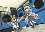  2girls absurdres angel angel_wings blue_neckerchief brown_shoes dutch_angle emesan_desu feathered_wings grey_sailor_collar grey_skirt hair_dryer halo highres holding holding_hair_dryer indoors laundromat loafers long_hair long_sleeves miniskirt multiple_girls neckerchief original pleated_skirt sailor_collar school_uniform serafuku shirt shoes sitting skirt socks standing traditional_halo wet wet_clothes white_shirt white_socks white_wings wings 