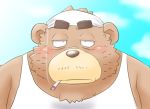  2020 anthro brown_body brown_fur clothing fur kemono male mammal overweight overweight_male shirt smoking solo tired topwear toshi_(artist) ursid 