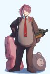  1girl animal_costume bear_costume bullpup commentary english_commentary girls&#039;_frontline girls&#039;_frontline_2:_exilium guitar_case gun hair_ribbon highres hitman_(game) holding holding_gun holding_weapon instrument_case makiatto_(girls&#039;_frontline_2) mascot_head necktie omiglop ponytail purple_hair red_eyes red_necktie ribbon rifle sniper_rifle solo square-end_necktie sweat wa2000_(girls&#039;_frontline) walther walther_wa_2000 weapon white_background 