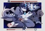 american_mythology anal anal_penetration anthro arm_markings black_sclera blue_horn blue_penis blush bodily_fluids claws countershading cum cum_drip cum_from_mouth cum_in_ass cum_in_hair cum_in_mouth cum_inside cumshot dripping duo ear_tuft ejaculation energy_drain finger_claws fish gameplay_mechanics genital_fluids genitals gloves_(marking) gui hair hand_markings handjob handjob_while_penetrating health_bar heart_eyes heart_symbol hi_res horn indigenous_north_american_mythology kneeling leaning_on_hand leg_markings licking looking_at_another looking_at_partner male male/male marine markings mythology narrowed_eyebrows ningning north_american_mythology open_mouth open_smile oral pattern_background penetration penile penile_penetration penis penis_in_ass penis_lick red_penis sex shark simple_background skeletal_tail smile socks_(marking) toe_claws tongue tongue_out tuft wendigo white_body white_countershading