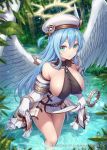 1girl akkijin angel angel_wings bare_shoulders belt beret blue_hair breasts covered_nipples elbow_gloves feathered_wings forest gloves green_eyes groin halo hat large_breasts light_rays long_hair looking_at_viewer nature no_panties official_art pelvic_curtain plant revealing_clothes shinkai_no_valkyrie sideboob skirt skirt_lift solo sunbeam sunlight thighs wading water watermark white_gloves white_headwear white_skirt wings 