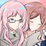  2girls bang_dream! bang_dream!_it&#039;s_mygo!!!!! blush brown_hair chihaya_anon closed_eyes closed_mouth glasses green_necktie grey_eyes haneoka_school_uniform long_hair long_sleeves morningluna1885 multiple_girls nagasaki_soyo necktie pink_hair school_uniform tsukinomori_school_uniform 