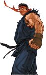  1boy black_hair capcom capcom_vs_snk_2 clenched_hand dark_persona dougi evil_ryu facing_to_the_side fingerless_gloves from_below game_cg gloves glowing glowing_eye hand_guard headband highres karate_gi looking_to_the_side male_focus martial_arts_belt mma_gloves muscular muscular_male nishimura_kinu non-web_source official_art red_eyes red_headband ryu_(street_fighter) short_hair simple_background solo street_fighter torn_clothes torn_sleeves veins veiny_arms white_background 
