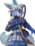  1girl absurdres animal_ears belt black_shirt black_thighhighs blue_gloves blue_necktie blue_skin bracelet brown_belt collared_shirt colored_skin cowboy_shot elbow_gloves extra_ears fingerless_gloves fox_ears fox_girl fox_tail fur_trim ginkaku_(kemono_friends) gloves gourd grey_skirt hair_between_eyes hair_tubes highres horns jewelry kemono_friends kemono_friends_3 long_sleeves mcgunngu necktie plaid_clothes plaid_skirt pleated_skirt puffy_sleeves quad_tails shirt short_hair short_twintails sidelocks single_horn skirt smile solo sparkle tail thighhighs twintails whip white_fur white_hair yellow_eyes zettai_ryouiki 