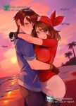  1boy 1girl ariekochan bandana beach black_shorts blue_eyes blush breasts brown_hair commission couple cowboy_shot hetero highres large_breasts may_(pokemon) ocean pokemon pokemon_rse red_bandana red_shirt sand shirt short_hair shorts skirt sunset water white_skirt wingull 