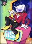  1boy absurdres ant_tenna belt black_belt black_pants commentary crt deltarune english_commentary fangs full_body gloves highres holding_necktie male_focus necktie object_head pants podium pointy_nose shoes sitting solo sparkle tailcoat toxicsoul77 white_gloves yellow_necktie yellow_shoes 