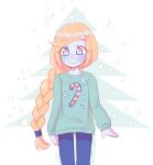  1girl alternate_costume blue_eyes blue_skin braid braided_ponytail bright_pupils candy_cane_print casual christmas christmas_sweater colored_skin cowboy_shot highres long_hair long_sleeves looking_at_viewer no_headwear orange_hair orange_pupils pokemon pokemon_usum print_sweater ryyy_(ryartchus) single_braid snow snowing solo sweater zossie_(pokemon) 