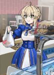  1girl ahoge artoria_pendragon_(fate) blonde_hair blue_bow blue_bowtie blue_dress blush bow bowtie braid closed_mouth commentary dress fate/stay_night fate/unlimited_blade_works fate_(series) food green_eyes hair_between_eyes highres honkai:_star_rail honkai_(series) indoors juliet_sleeves long_sleeves neco-arc notonaon official_alternate_costume photo-referenced puffy_sleeves saber_(fate) saber_(honkai:_star_rail)_(fate) smile solo symbol-shaped_pupils tsukihime two-tone_dress white_dress 