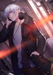  1boy absurdres black_jacket bottle box brown_pants hair_between_eyes hand_in_pocket hand_up headphones highres ikurikaito jacket looking_at_viewer male_focus original pants red_eyes silver_hair standing 