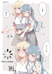  ! 2girls bang_dream! bang_dream!_it&#039;s_mygo!!!!! black_ribbon blonde_hair braid closed_mouth commentary_request grey_skirt hair_between_eyes hair_ribbon highres hug hug_from_behind incest loading_icon long_hair medium_hair misumi_uika multiple_girls partially_translated purple_eyes ribbon rousei shirt sidelocks skirt spoilers togawa_sakiko translation_request white_shirt yellow_eyes 