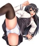  1girl asashio_(kantai_collection) belt black_belt black_hair black_legwear blue_eyes blush breasts dress eyebrows_visible_through_hair hair_ornament kantai_collection large_breasts long_hair long_sleeves looking_at_viewer neck_ribbon open_mouth panties pinafore_dress pleated_skirt red_ribbon remodel_(kantai_collection) ribbon school_uniform simple_background skirt solo standing standing_on_one_leg thighhighs underwear white_background white_panties zanntetu 