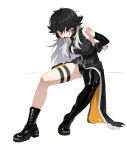  1girl absurdres ankle_boots arms_behind_back bare_shoulders black_boots black_coat black_gloves black_hair blood blood_on_face bodysuit boots bound bound_wrists breasts buckle coat commentary elbow_gloves fingerless_gloves full_body glaring gloves goddess_of_victory:_nikke hair_between_eyes highres invisible_chair k_(nikke) large_breasts long_hair looking_at_viewer multicolored_hair open_mouth orange_eyes pouch sharp_teeth sidelocks simple_background single_leg_bodysuit sitting skindentation sleeveless sleeveless_bodysuit snap-fit_buckle solo teeth thigh_pouch wge white_background white_hair 