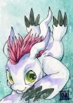  2018 ambiguous_gender claws digimon digimon_(species) fangs feral gomamon green_eyes hair hi_res illueule markings mohawk_(hairstyle) purple_markings red_hair signature smile solo underwater water white_body 