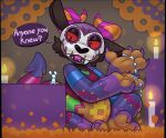 2024 american_mythology anthro belly candle chupacabra denatured_albumin_(character) denaturedalbumin duo english_text halloween holidays horn male mammal mouse murid murine mythology red_sclera rodent sitting speech_bubble text