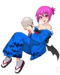  1girl :d absurdres animal_print bare_arms bat_print bat_wings blue_kimono blush breasts collarbone commentary darkstalkers fangs full_body fur-trimmed_kimono fur_trim hair_between_eyes highres holding holding_skull japanese_clothes kimono lilith_(darkstalkers) lipstick_mark long_sleeves looking_at_viewer obi off_shoulder open_mouth pink_hair ponytail print_kimono red_hair sandals sash short_hair short_ponytail simple_background skull small_breasts smile socks solo tabi watcher_hollow white_background white_socks wide_sleeves wings zouri 