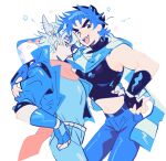  2boys :d bare_shoulders battle_tendency belt black_belt black_gloves black_shirt blonde_hair blue_eyes blue_hair blue_pants blue_shirt caesar_anthonio_zeppeli cowboy_shot crop_top drawn_star facial_mark fang feather_hair_ornament feathers fingerless_gloves gloves gogeyama hair_ornament halftone hand_on_another&#039;s_arm hand_on_another&#039;s_waist hand_on_own_hip headband highres jacket jojo_no_kimyou_na_bouken joseph_joestar male_focus midriff multicolored_scarf multiple_boys navel orange_scarf palmar_flexion pants scarf shirt short_hair smile star_(symbol) striped_clothes striped_scarf tight_top triangle_print turtleneck white_background yaoi 