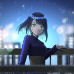  1girl blue_dress blue_eyes blue_hair breasts corset dress gradient_hair grey_corset hand_on_railing ju1ywhite kurokawa_akane looking_at_viewer multicolored_hair night original oshi_no_ko short_hair smile solo 