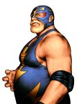  1boy blonde_hair capcom_vs_snk_2 facial_hair facing_to_the_side fat fat_man fatal_fury game_cg highres looking_to_the_side male_focus mori_toshiaki muscular non-web_source official_art raiden_(snk) snk solo spandex wrestling wrestling_mask wrestling_outfit 