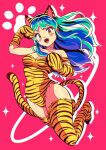  1girl animal_ears animal_hands animal_print bare_shoulders blush breasts cat_ears cat_girl cat_tail choker cleavage commentary drop_shadow fangs full_body gloves green_hair hand_up highres leotard long_hair looking_at_viewer lum medium_breasts multicolored_hair nka_46 no_shoes open_mouth orange_eyes paw_gloves paw_pose paw_print paw_print_background print_leotard print_thighhighs smile solo sparkle tail thighhighs tiger_print urusei_yatsura wide_hips yellow_gloves yellow_leotard yellow_thighhighs 