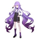  1girl absurdres black_skirt bow bowtie full_body hand_on_own_hip highres honkai_(series) honkai_impact_3rd long_hair long_sleeves looking_at_viewer puffy_long_sleeves puffy_sleeves purple_bow purple_bowtie purple_hair purple_socks shirt simple_background sirin sirin_(magic_academy_uniform) sirin_(miracle_magical_girl) skirt socks solo very_long_hair wavy_hair white_background white_shirt yellow_eyes yikco 