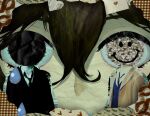  black_hair black_necktie black_suit blue_vest brooch bungou_stray_dogs collage collared_shirt crossed_bangs dazai_osamu_(bungou_stray_dogs) english_text headless heart heterochromia highres jewelry lipstick_mark male_focus multiple_views necktie paper_cutout paper_texture pikpip shirt short_hair smiley_face suit teardrop vest white_shirt 