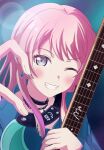  bang_dream! bang_dream!_it&#039;s_mygo!!!!! blush chihaya_anon crow1260000 fang grey_eyes guitar highres instrument long_hair long_sleeves mygo!!!!!_(bang_dream!) one_eye_closed open_mouth pink_hair 