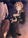  2boys absurdres adam&#039;s_apple back bishounen black_jacket black_pants black_shirt blonde_hair braid bug cleavage_cutout clothing_cutout earrings food-themed_earrings from_behind giorno_giovanna green_eyes highres jacket jewelry jojo_no_kimyou_na_bouken ladybug ladybug_ornament long_hair looking_at_another male_focus multiple_boys okokoro_zaiku pants perspective shirt short_hair sleeves_past_wrists strawberry_earrings stud_earrings vento_aureo victory_rolls white_hair 