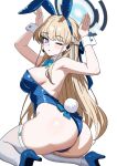  1girl absurdres animal_ears aqua_bow aqua_bowtie armpits ass blonde_hair blue_archive blue_eyes blue_hairband blue_halo blue_leotard blue_shoes bow bowtie breasts detached_collar fake_animal_ears fake_tail gubee hairband halo high_heels highres large_breasts leotard long_hair one_eye_closed playboy_bunny rabbit_ears rabbit_pose rabbit_tail shoes simple_background sitting solo strapless strapless_leotard tail thighhighs toki_(blue_archive) toki_(bunny)_(blue_archive) wariza white_background white_thighhighs white_wrist_cuffs wrist_cuffs 