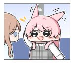  2girls bang_dream! bang_dream!_it&#039;s_mygo!!!!! blue_eyes blush brown_hair chihaya_anon dress fang komi_(mayu_eo22) long_hair multiple_girls nagasaki_soyo open_mouth pink_hair plaid_clothes plaid_dress simple_background 