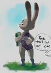 anthro bottle bottomwear bra butt clothed clothing container dialogue disney english_text female footwear fur grass grey_body grey_fur judy_hopps lagomorph leporid long_ears looking_back mammal midriff offscreen_character outside plant purple_eyes rabbit scut_tail short_tail shorts solo sports_bra tail text thehumancopier underwear water_bottle zootopia