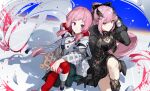 2girls arched_bangs arm_support black_corset black_jacket black_ribbon black_skirt blue_eyes bokyo commentary_request corset cropped_jacket feet_out_of_frame fur-trimmed_jacket fur_trim hair_ornament hair_ribbon holding_spray_can hololive hololive_english hood hood_down jacket kaf_(kamitsubaki_studio) kamitsubaki_studio long_hair looking_at_viewer low_twintails mori_calliope mori_calliope_(grimoire) multicolored_eyes multiple_girls official_art pants pink_hair ponytail red_eyes red_pants ribbon second-party_source sitting skirt smile spray_can spray_paint twintails two-sided_fabric very_long_hair virtual_youtuber white_jacket wide_sleeves 