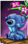  4_toes alien black_eyes blue_body blue_fur blue_pawpads claws disney experiment_(lilo_and_stitch) fingers flower fur hi_res joselyn565 leaf lilo_and_stitch male_(lore) no_sclera notched_ear pawpads plant purple_inner_ear sitting solo stitch_(lilo_and_stitch) toes 
