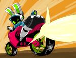 4chan_anon anonymous_artist anthro armor big_butt butt clothing electronics female green_eyes green_inner_ear green_mouth headgear headphones headset helmet hi_res lagomorph leporid long_ears looking_at_viewer machine mammal motorcycle one_eye_closed project_turboblast rabbit rear_view robot screen screen_face tempo_(project_turboblast) thick_thighs vehicle white_ears wink