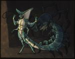 antennae_(anatomy) anthro arthropod centipede featureless_crotch green_body green_eyes hi_res hybrid kardinaluz male myriapod nude open_mouth reptile scales scalie snake solo taraken white_body white_scales