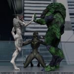 1:1 3d_(artwork) alien bioware digital_media_(artwork) ejaculation electronic_arts female genitals gesture group handjob hi_res high_five kneeling krogan male male/female mass_effect open_mouth penile penis scoota sex smile standing text trio turian url vulva