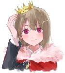  1girl black_jacket blush brown_hair cape collared_shirt commentary_request crown fur-trimmed_cape fur_trim haruruhaharur highres jacket long_sleeves looking_at_viewer love_live! love_live!_nijigasaki_high_school_idol_club nakasu_kasumi nijigasaki_school_uniform portrait red_eyes ribbon school_uniform shirt short_hair simple_background smile solo straight-on white_background 