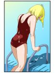 1girl blonde_hair commentary_request gundam highres kazami_ryoma mobile_suit_gundam one-piece_swimsuit pool sayla_mass short_hair solo swimsuit wet 