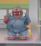  2020 anthro belly clothing footwear humanoid_hands kemono male mammal marine outside overweight overweight_male pinniped raining sandals solo toshi_(artist) umbrella walrus 