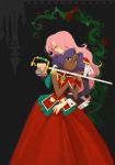  2girls bindi castle closed_eyes crown dark_skin dress epaulettes flower glasses green_eyes himemiya_anthy holding holding_sword holding_weapon long_hair multiple_girls pink_hair purple_hair red_dress rose shoujo_kakumei_utena sword tenjou_utena tiara unoobang weapon 