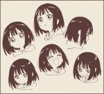  1girl absurdres black_border black_eyes black_hair blush bob_cut border closed_eyes closed_mouth from_side grey_background greyscale grin highres hood hoodie light_frown looking_at_viewer looking_down monochrome multiple_views namori open_mouth original paper_texture raised_eyebrows short_hair smile smug sweatdrop teardrop v-shaped_eyebrows 